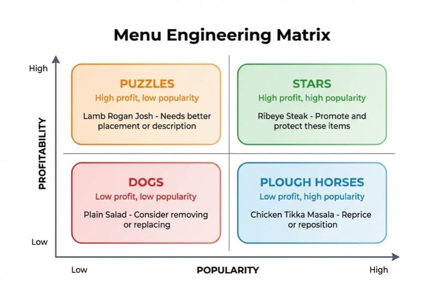 Restaurant upselling techniques diagram showing the star-plough-puzzle-dog menu engineering framework with four quadrants mapping dish popularity against profitability