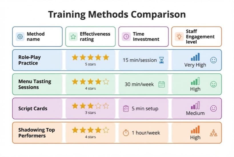 Diagram comparing restaurant upselling training methods by effectiveness, time investment and staff engagement levels