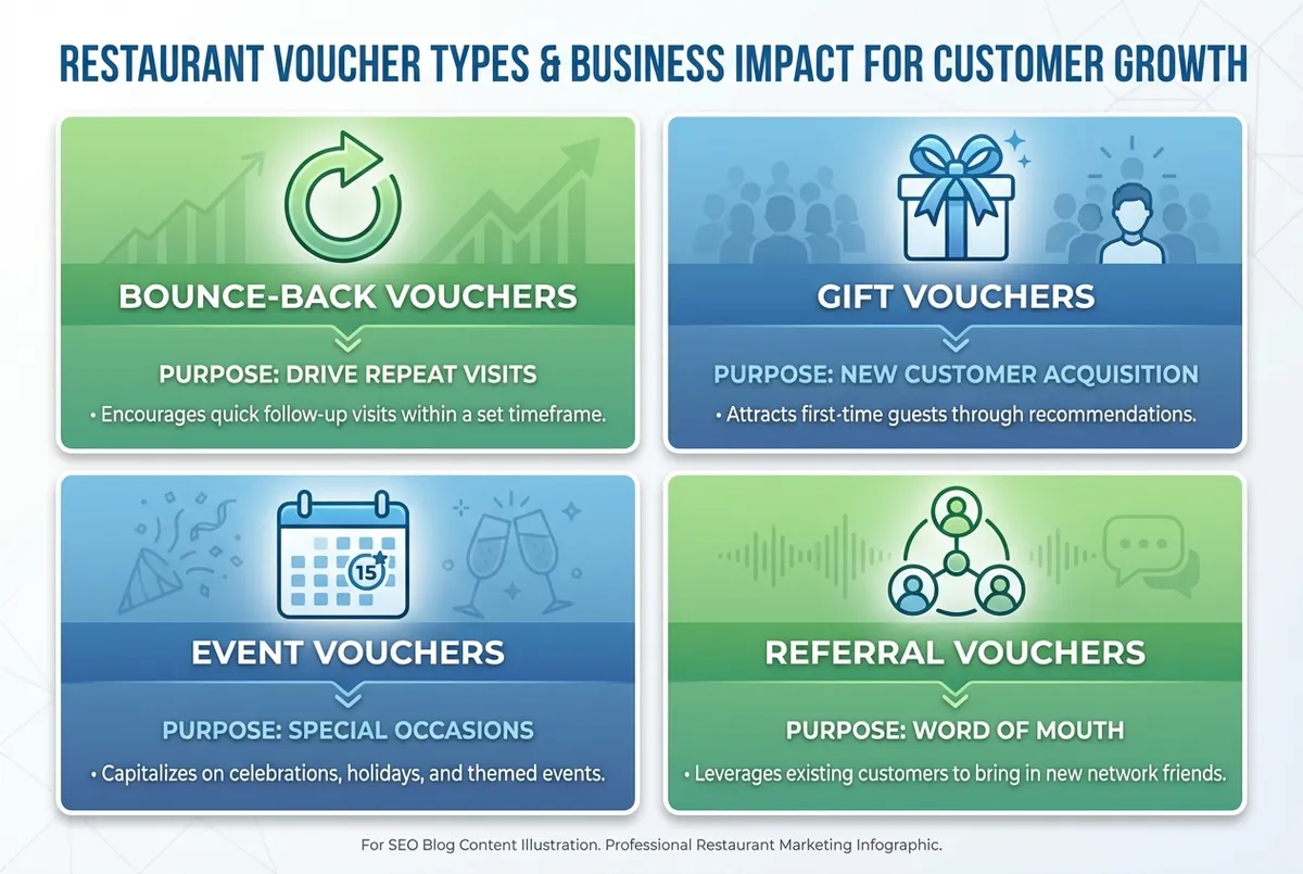 Restaurant voucher ideas framework showing four key voucher categories for UK venues