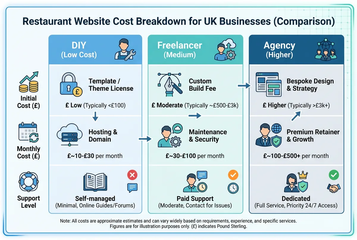 Diagram showing restaurant website cost components including design, hosting, domain, and maintenance