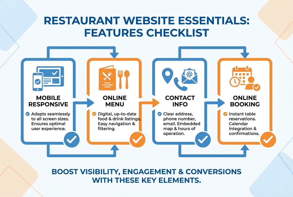 Checklist diagram showing essential restaurant website features including menu, booking, and mobile responsiveness