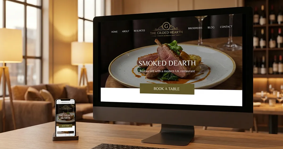Restaurant website design showing a modern menu and booking system on desktop and mobile