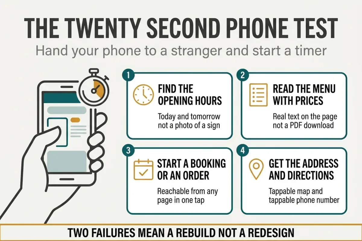 Diagram of the twenty second phone test with four checkpoints for judging restaurant website examples on a mobile