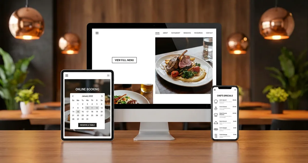 Restaurant website displayed on desktop, tablet and phone showing menu and booking system