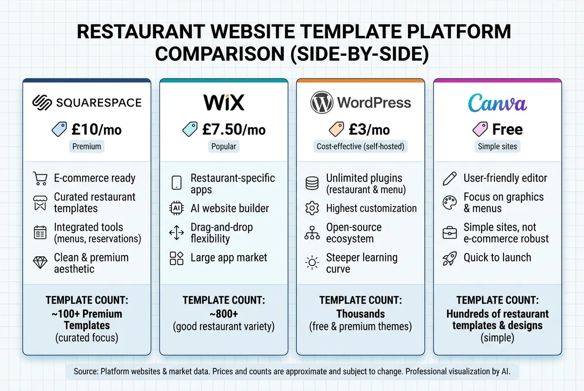 Side-by-side comparison showing restaurant website templates on Squarespace Wix WordPress and Canva with UK pricing from £7 to £64