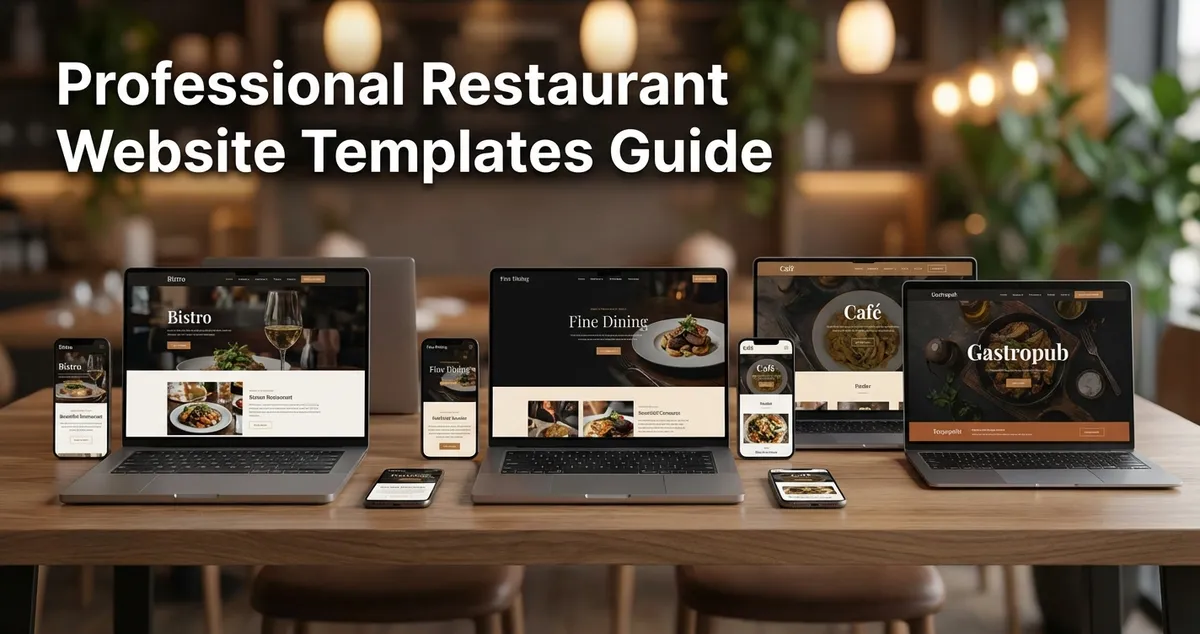 Restaurant website templates displayed on laptop and mobile screens
