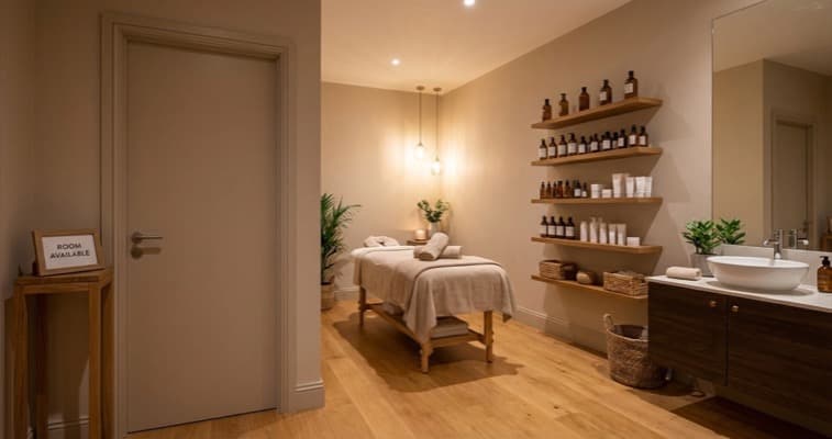 A private treatment room inside a beauty salon ready for an independent therapist, with treatment bed, product shelving, and wash basin