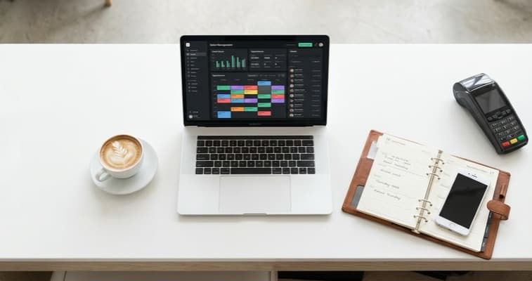Overhead view of a salon reception desk with a laptop showing a salon management dashboard