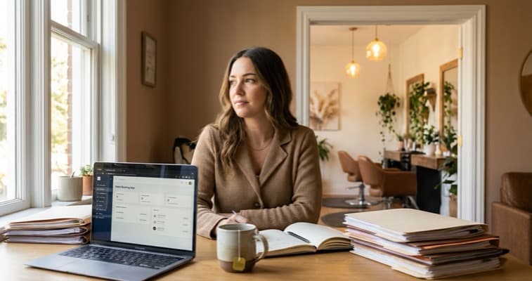 Salon owner reviewing compliance paperwork with a booking dashboard on laptop