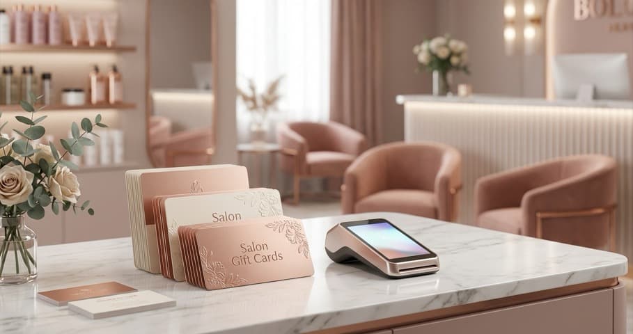 Branded salon gift cards stacked next to a card reader on a beauty salon reception desk