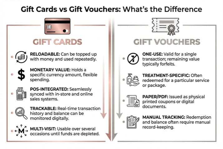 Diagram comparing gift cards versus gift vouchers for UK salons — two columns with labels for reloadability, monetary value, POS integration and tracking