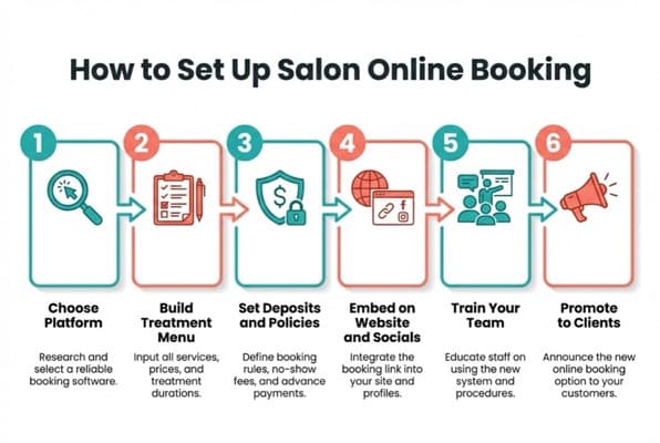 6-step flow diagram showing: Choose Platform, Build Treatment Menu, Set Deposits and Policies, Embed on Website and Socials, Train Your Team, Promote to Clients