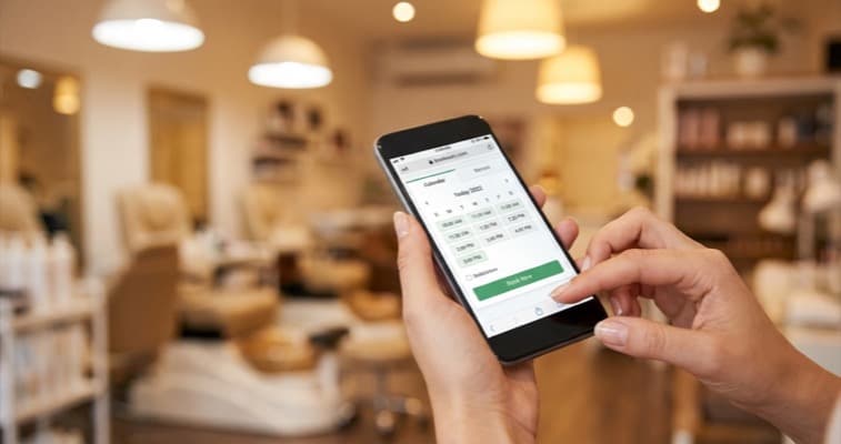 Woman holding smartphone with appointment booking screen, blurred beauty salon interior in the background