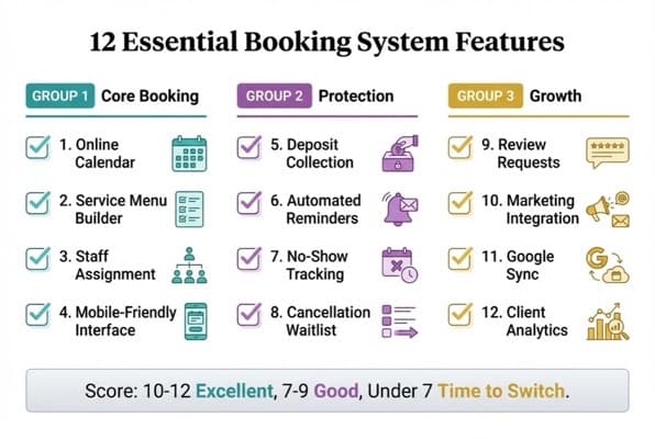 Infographic scorecard showing 12 essential salon online booking system features in three groups: Core Booking, Protection, and Growth
