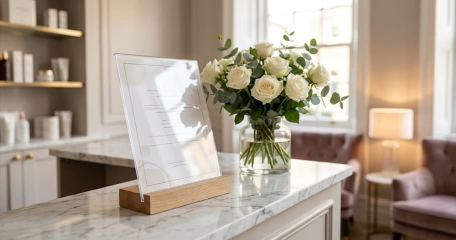 Beautifully designed salon pricing menu card on reception counter with fresh flowers