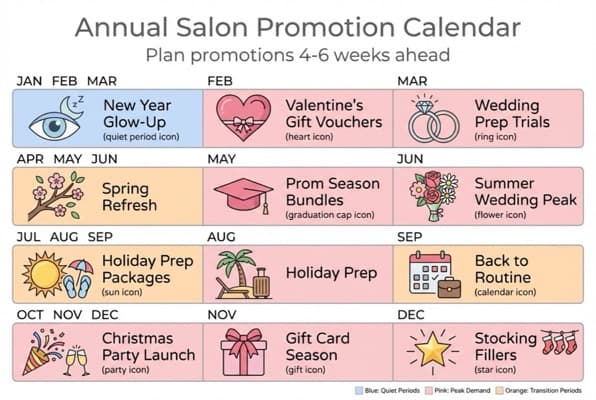 Annual calendar of seasonal salon promotion opportunities for UK beauty salons showing peak and quiet periods