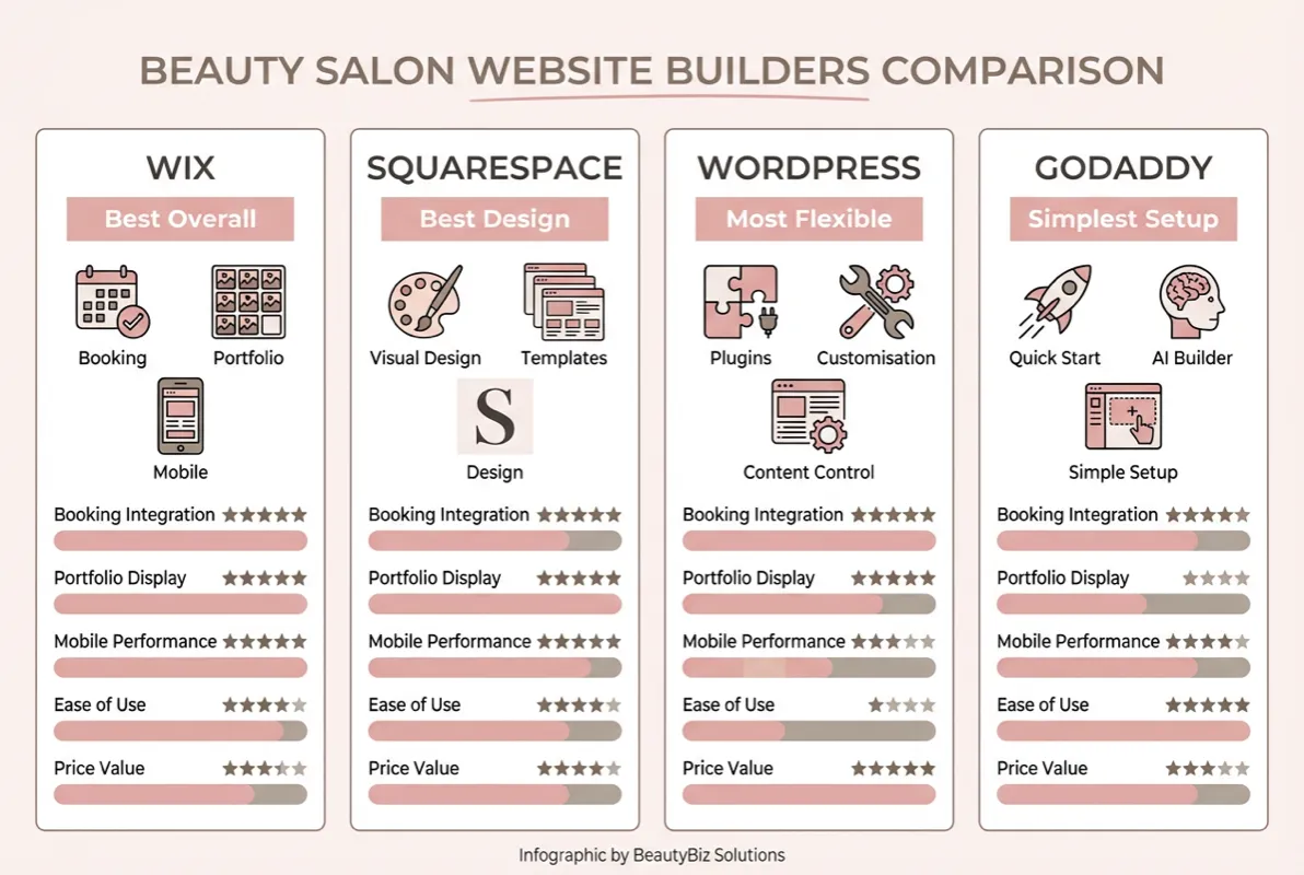 Comparison diagram showing Wix, Squarespace, WordPress and GoDaddy rated across booking, portfolio, mobile, price and ease of use for beauty salons