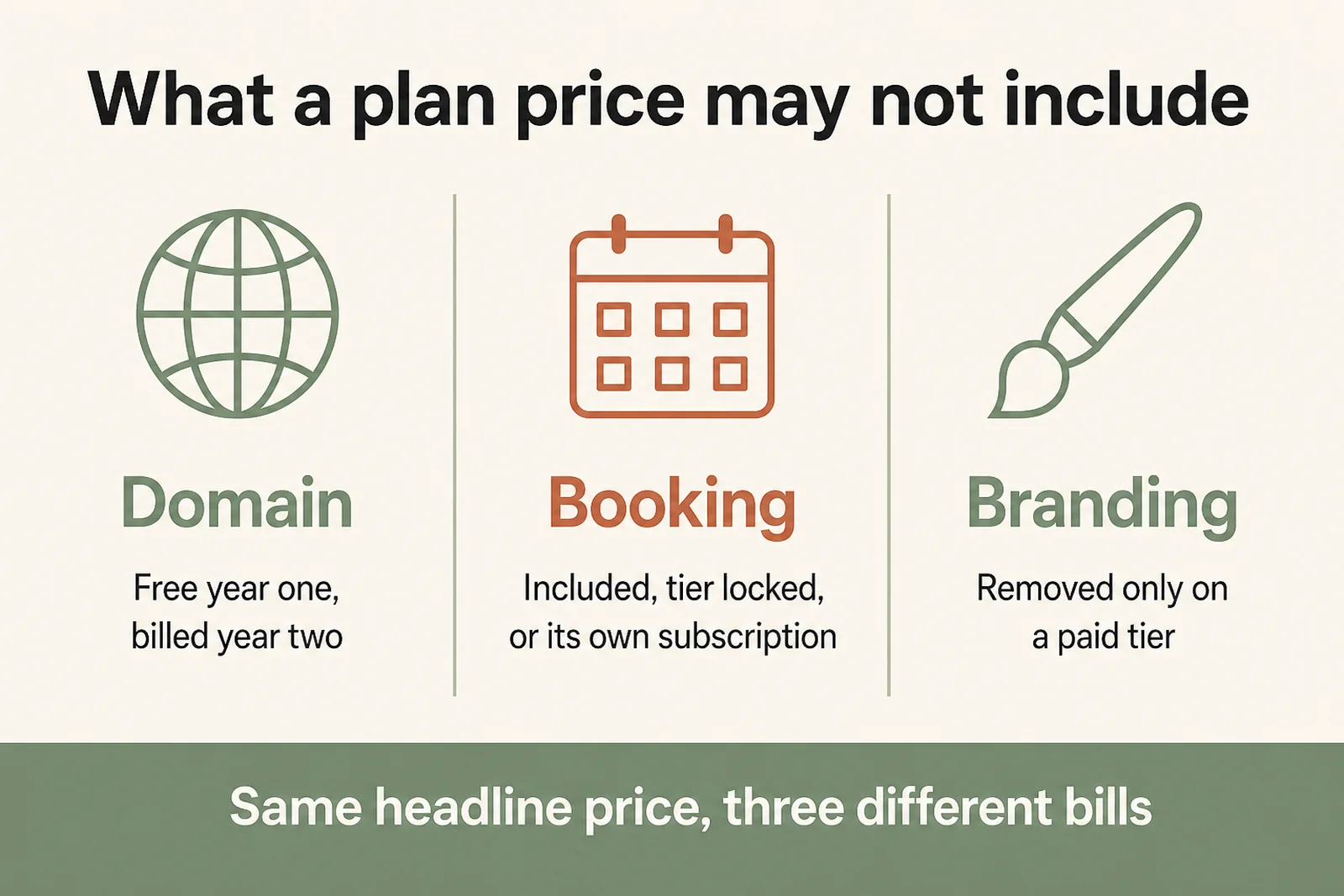 Diagram of how a website builder plan handles domain, booking and branding costs