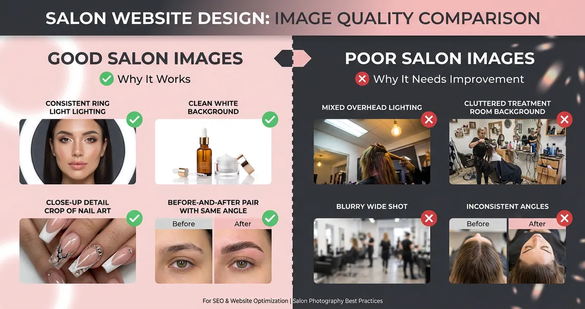 Diagram comparing good versus poor salon website images with labels for lighting, composition, and background quality in beauty salon photography