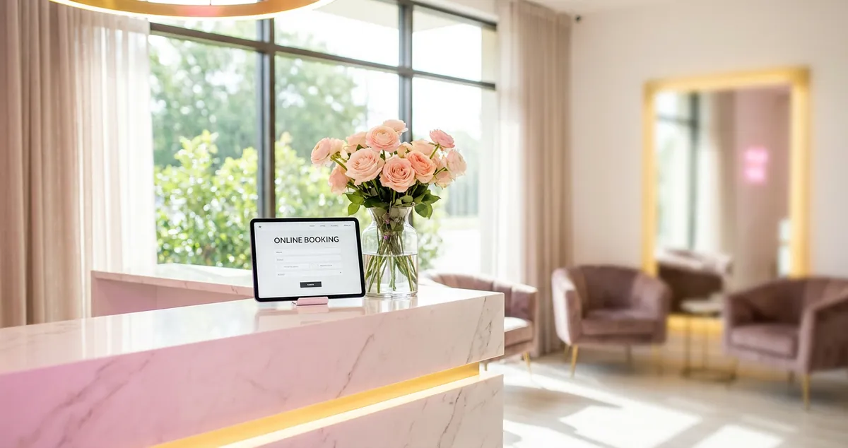 A stylish beauty salon reception area with a tablet showing an online booking system on the front desk