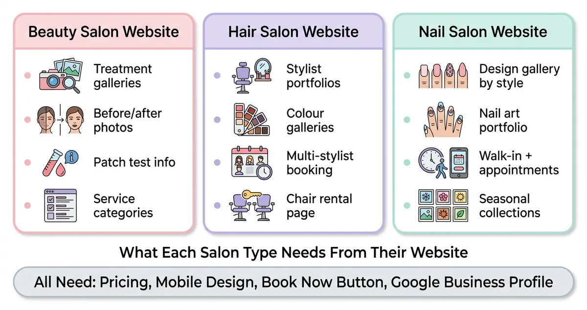 Diagram comparing beauty salon, hair salon, and nail salon website features