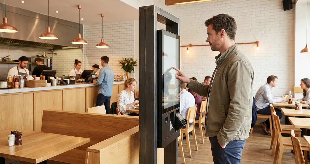 Modern self ordering kiosk in a UK restaurant with touch screen display
