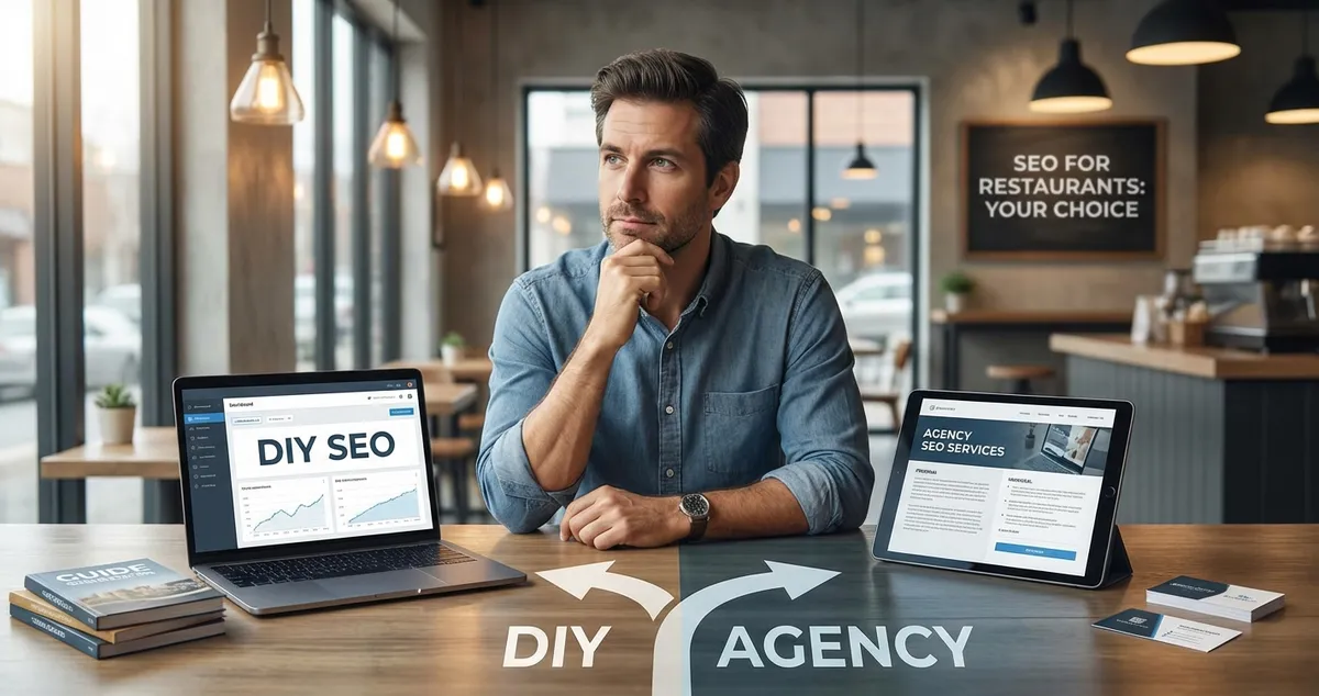 Restaurant owner comparing SEO for restaurants options on laptop