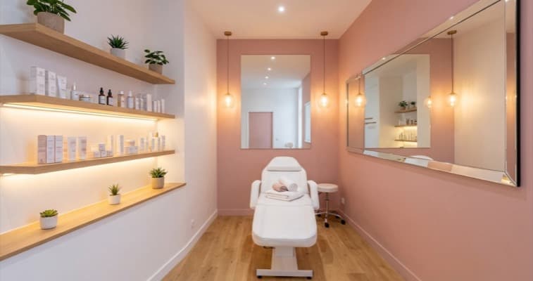 Small beauty salon interior with blush pink accent wall, floating shelves, and pendant lighting in a compact space