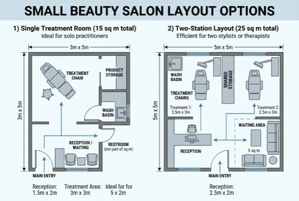 Floor plan comparing two small beauty salon layouts with traffic flow arrows