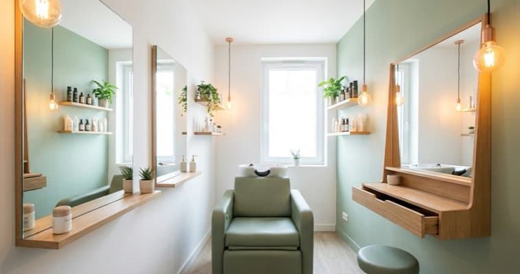 A cleverly designed small beauty salon interior with wall-mounted mirrors, compact treatment chair, floating shelves, and pendant lighting in light colours