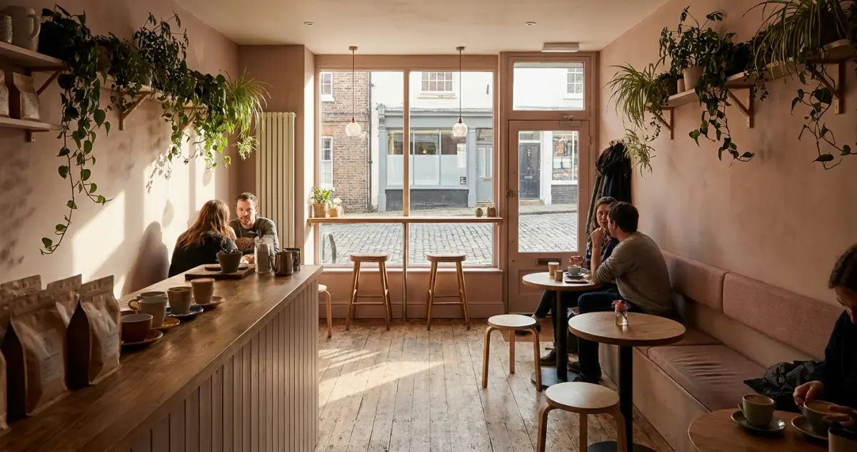 Small cafe interior design ideas — a compact UK cafe using wall seating, a slim counter and warm lighting to feel open and inviting