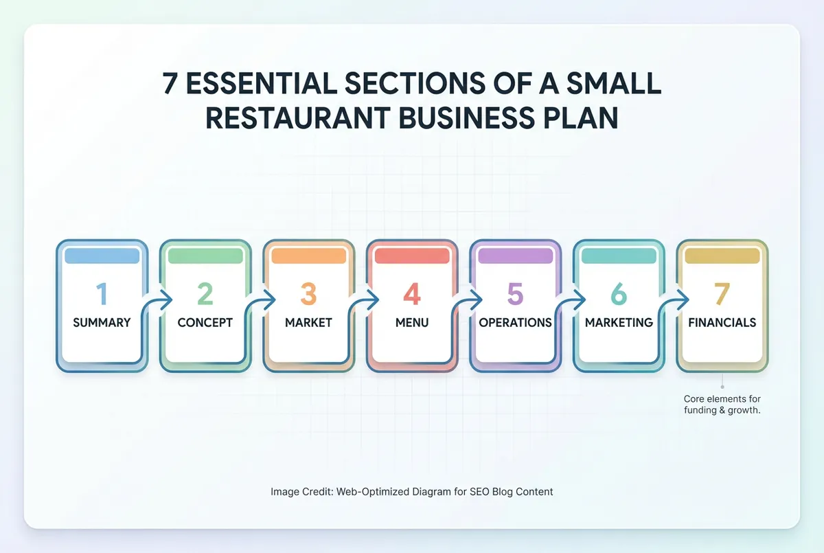 Diagram showing the 7 essential sections of a small restaurant business plan