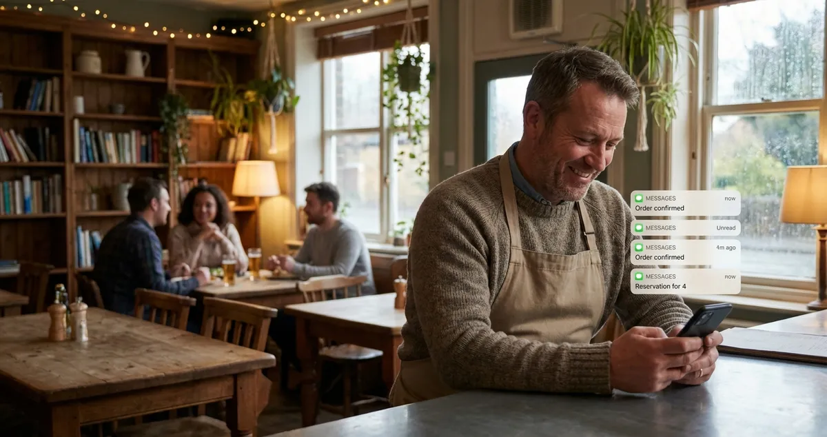 Restaurant owner checking SMS marketing campaign results on mobile phone