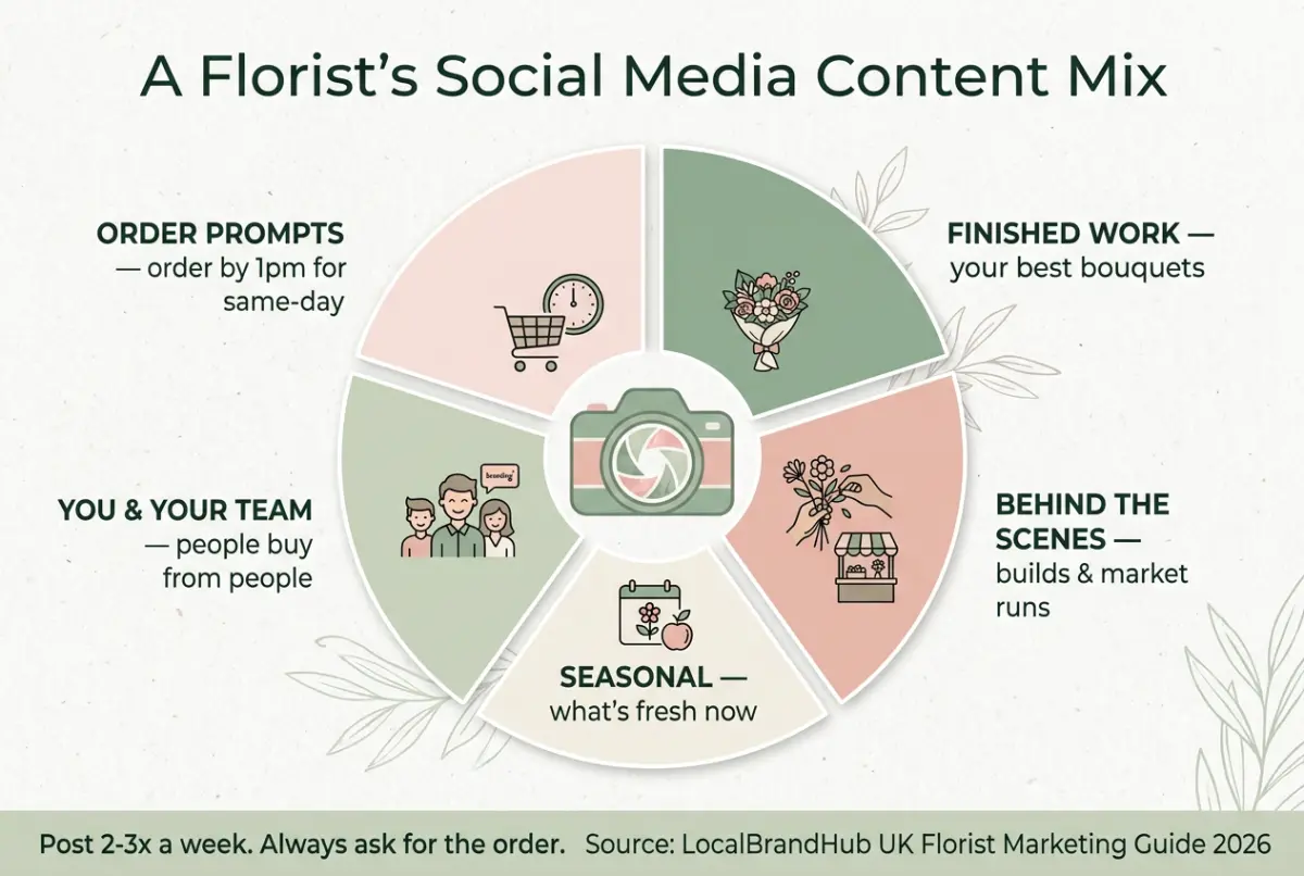 Social media for florists diagram — a content mix showing the balance of behind-the-scenes, finished work, seasonal and order-prompt posts