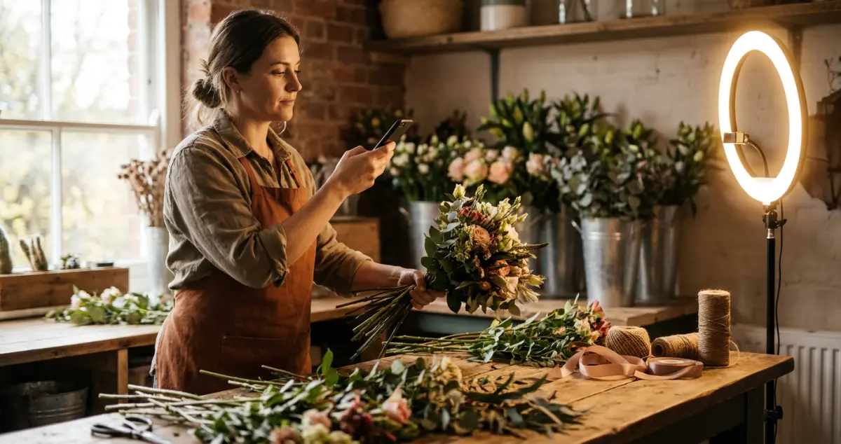 Social media for florists — a florist filming a short video of a bouquet coming together on their phone at the bench