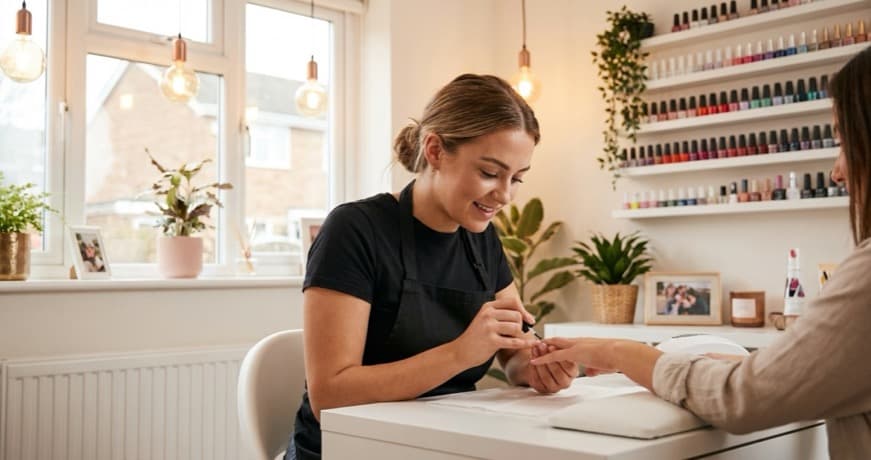 Young nail technician working on a client in a modern beauty studio