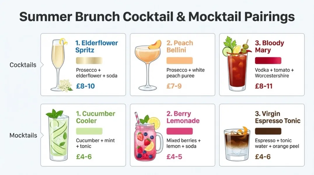 Diagram showing summer brunch cocktail and mocktail pairings with British seasonal ingredients and suggested price points for restaurants
