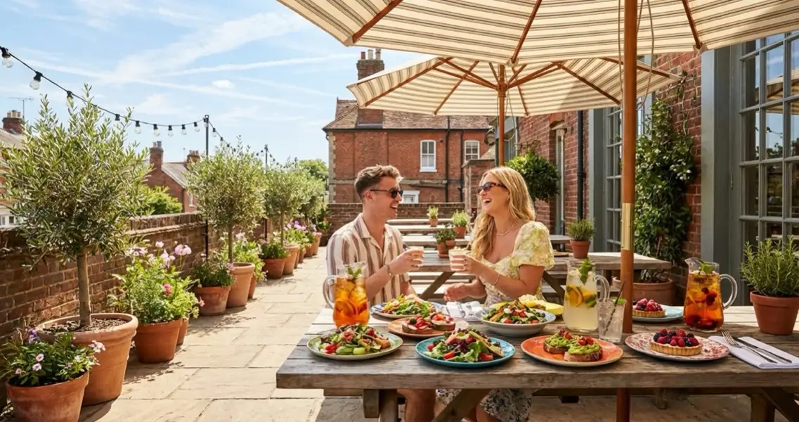 A sunny al fresco UK restaurant terrace with colourful summer brunch dishes and British seasonal produce on the table