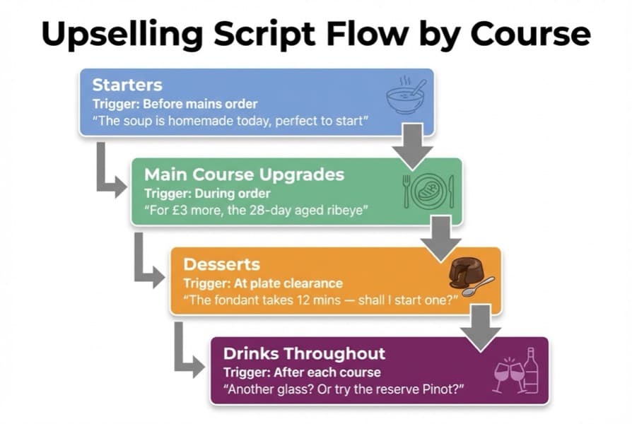 Diagram showing the upselling script flow: starters before mains order, upgrades during mains order, desserts at plate clearance, drinks throughout