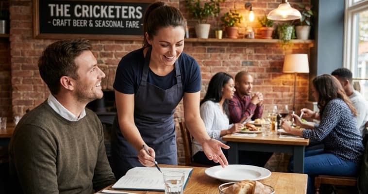 UK restaurant server recommending a dish to diners using an upselling script