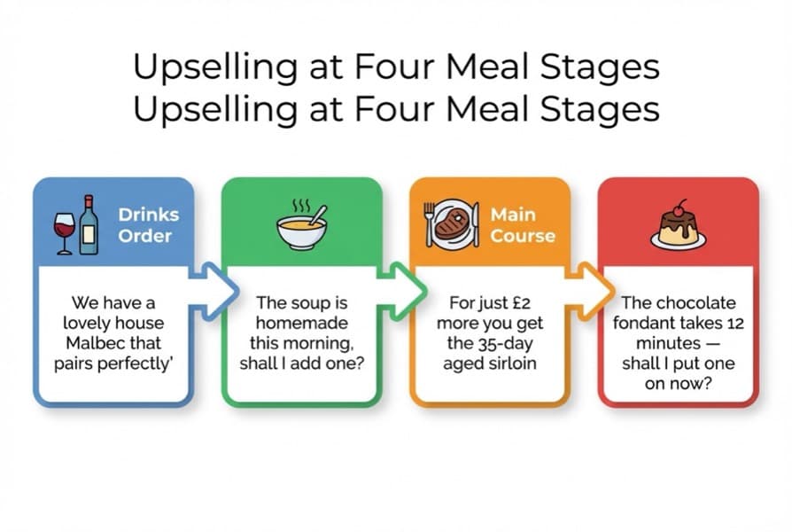 Upselling opportunities at four meal stages with example scripts