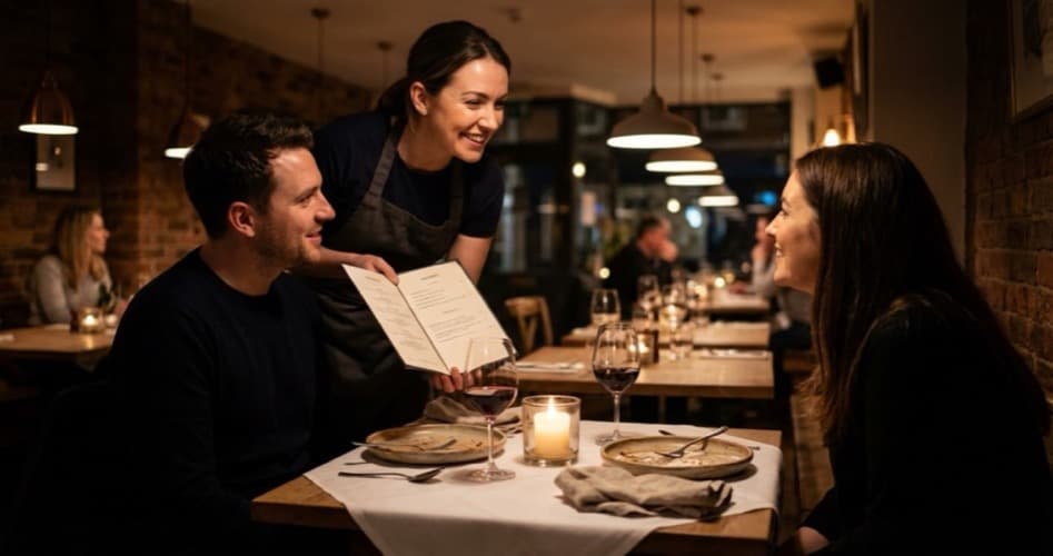Server recommending a dish to diners in a UK restaurant illustrating upselling techniques