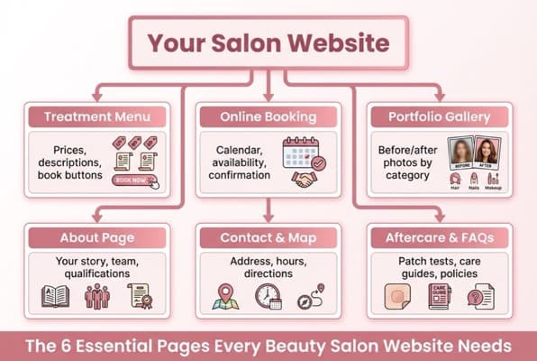Diagram showing the six essential pages for a beauty salon website