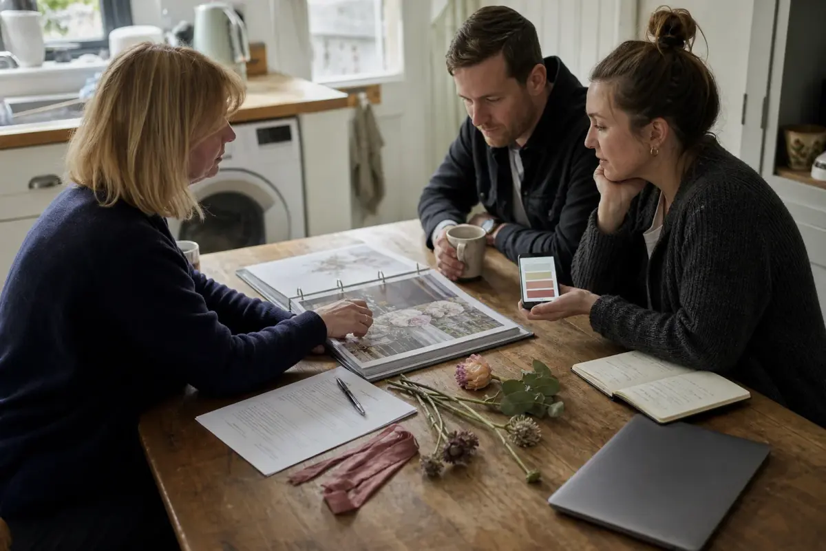 A wedding florist sits at a couple's kitchen table with a portfolio, a printed contract and loose stems, discussing colours over mugs of tea