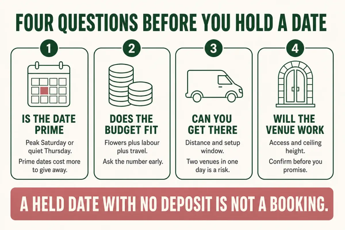 Wedding florist business diagram showing four questions to ask before holding a date, whether the date is prime, whether the budget fits, whether you can get there and whether the venue will work