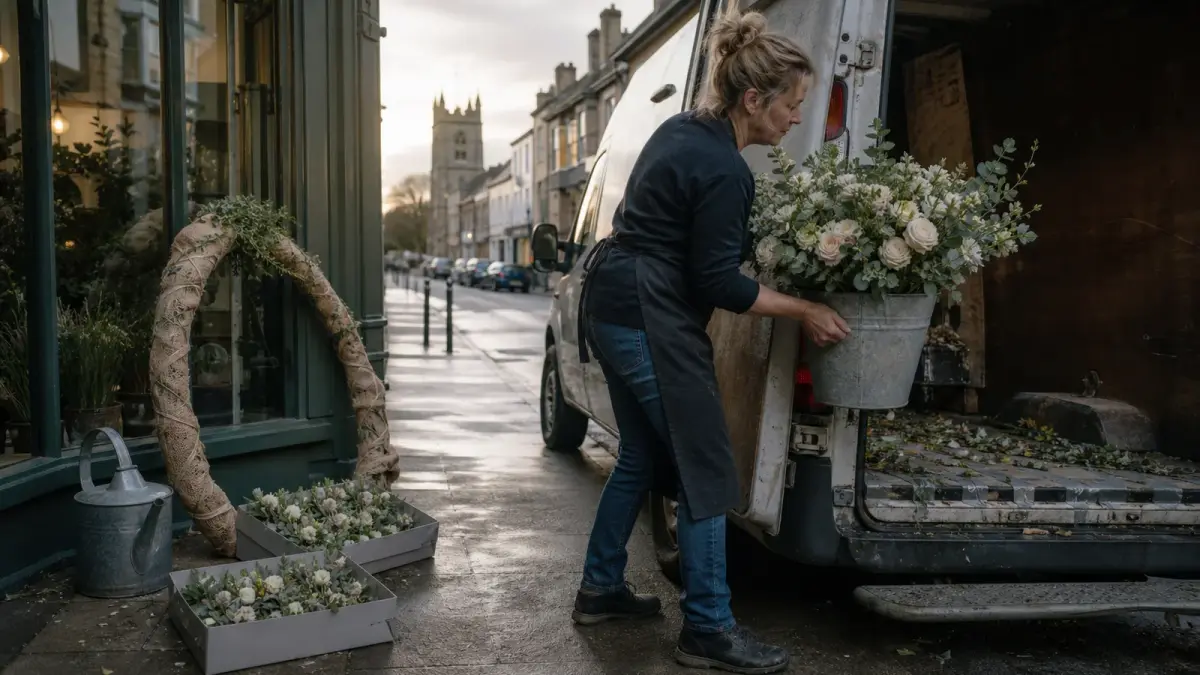 Wedding florist business: a florist loads buckets of conditioned wedding flowers and a bound ceremony arch into a van outside her shop at dawn on a summer Saturday