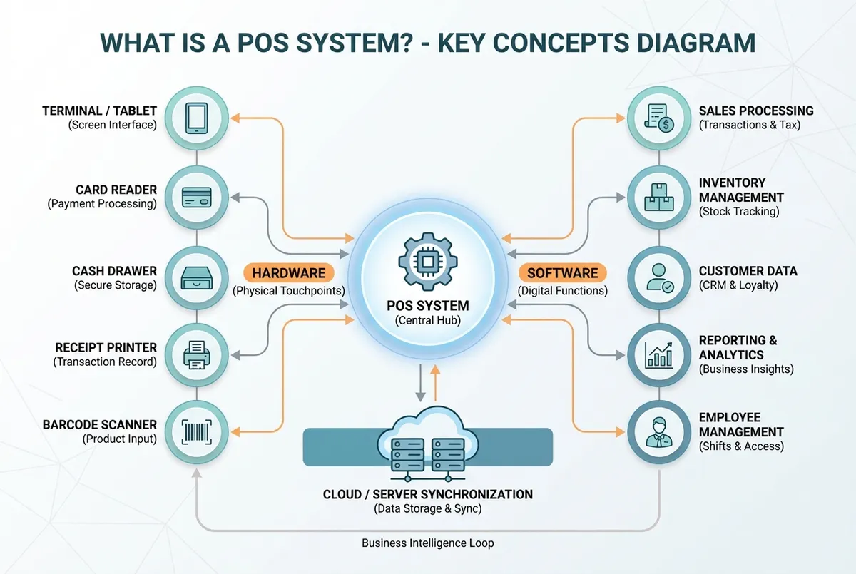 Diagram comparing four POS system types: legacy, tablet, mobile, and cloud-based