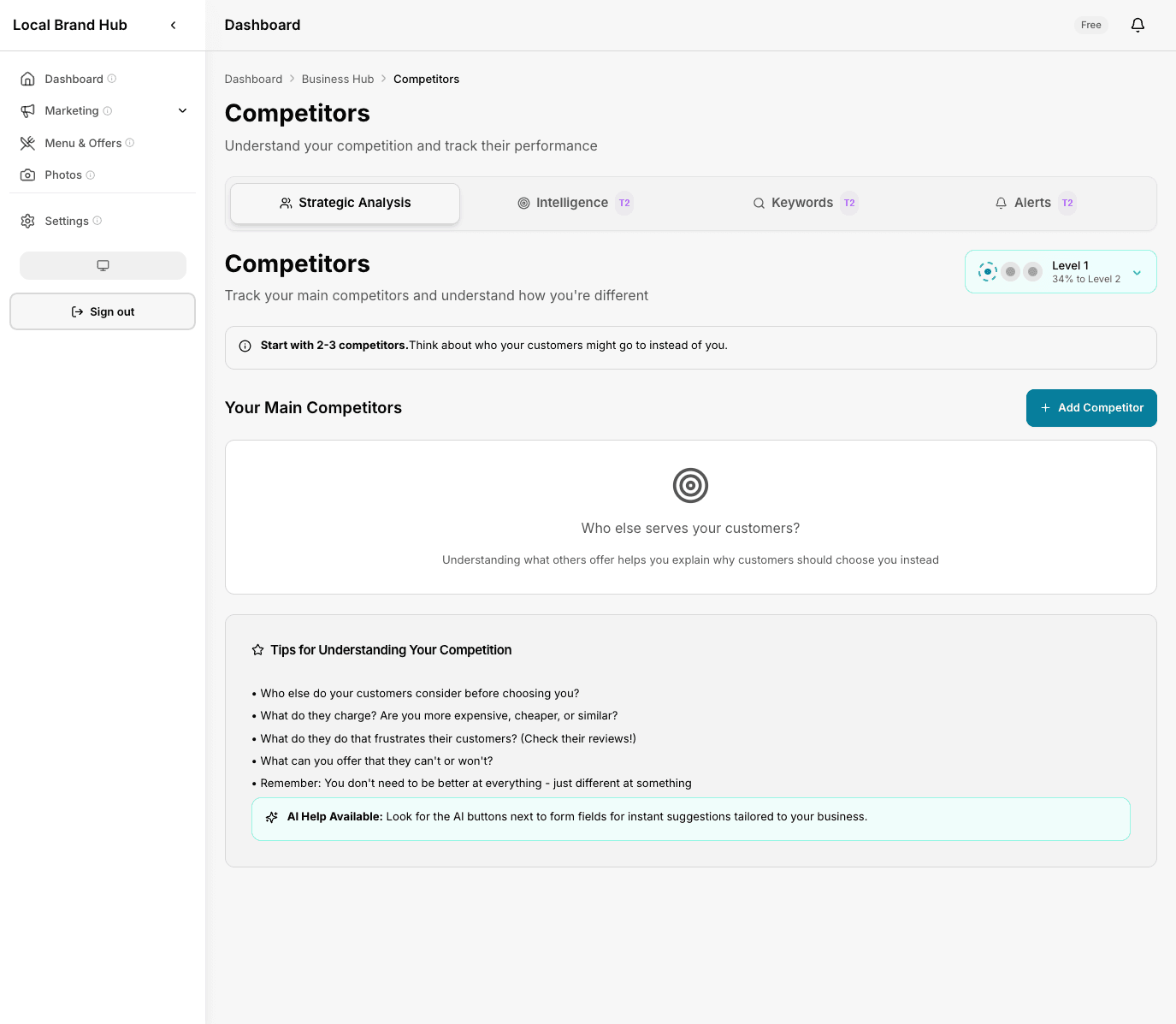 Competitor tracking dashboard showing side-by-side restaurant comparison