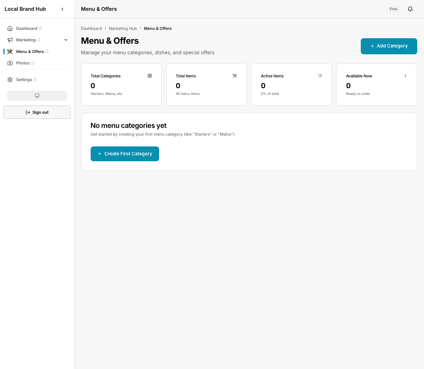 Restaurant menu management dashboard showing categorised dishes