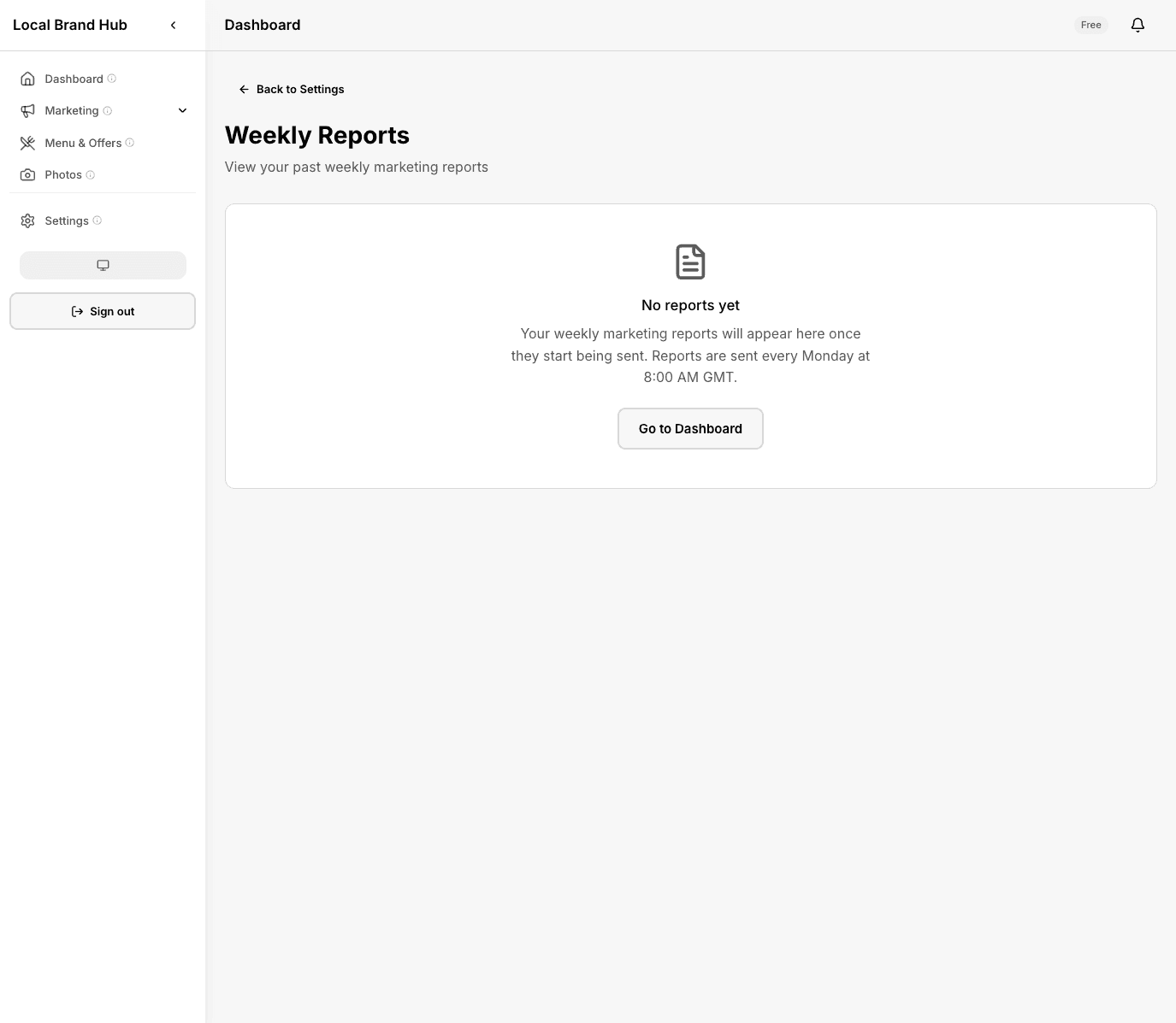 Weekly marketing reports dashboard showing past reports and key metrics